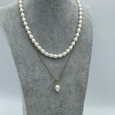 İNCİ KOLYE - ÇELİK ZİRCİRLİ İKİLİ TASARIM