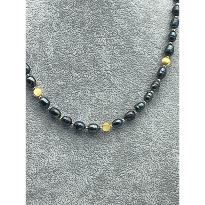 SİYAH GERÇEK İNCİ KOLYE - ALTIN KAPLAMA DETAY