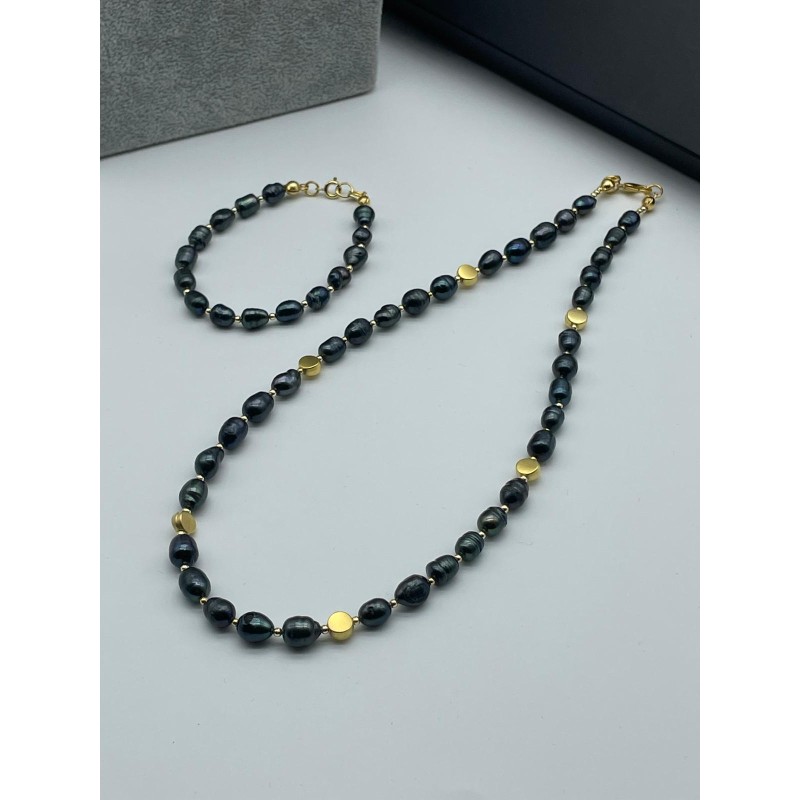 SİYAH GERÇEK İNCİ KOLYE - ALTIN KAPLAMA DETAY