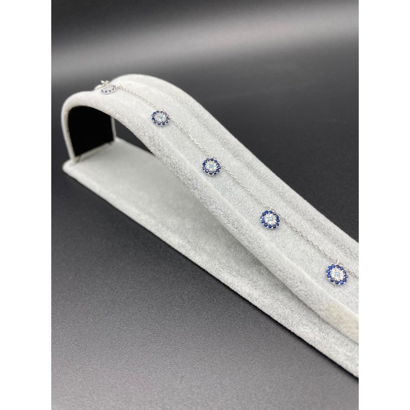 NAZAR BONCUKLU TAŞLI GÜMÜŞ BİLEKLİK - KOYU MAVİ