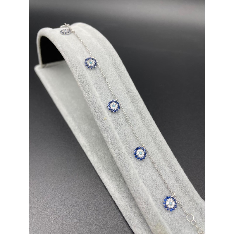 NAZAR BONCUKLU TAŞLI GÜMÜŞ BİLEKLİK - KOYU MAVİ