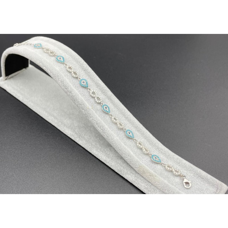 SONSUZLUK - DAMLA NAZAR BONCUKLU TAŞLI GÜMÜŞ BİLEKLİK - AÇIK MAVİ