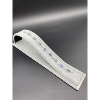 DAMLA NAZAR BONCUKLU SIRALI TAŞLI GÜMÜŞ BİLEKLİK - KOYU MAVİ