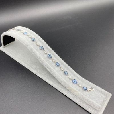 DAMLA NAZAR BONCUKLU SIRALI TAŞLI GÜMÜŞ BİLEKLİK - KOYU MAVİ