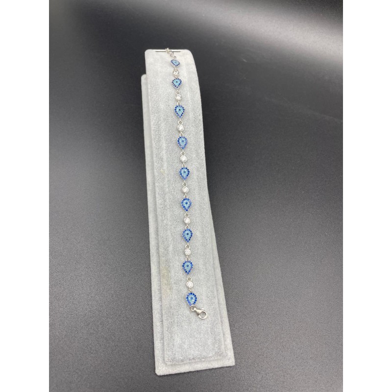 DAMLA NAZAR BONCUKLU SIRALI TAŞLI GÜMÜŞ BİLEKLİK - KOYU MAVİ