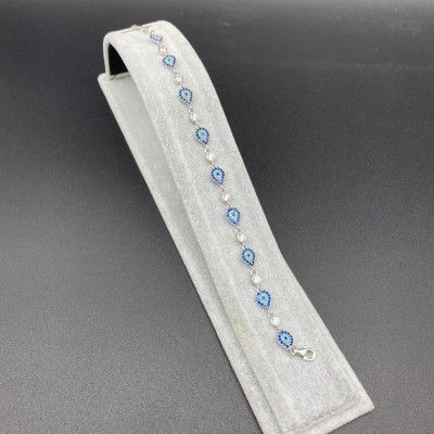 DAMLA NAZAR BONCUKLU SIRALI TAŞLI GÜMÜŞ BİLEKLİK - KOYU MAVİ