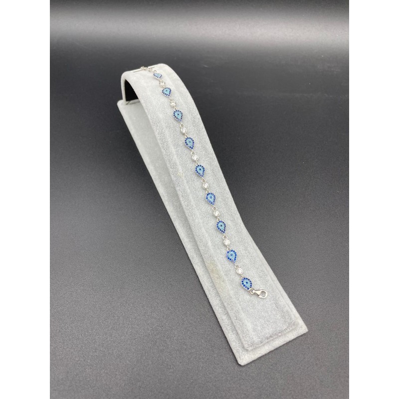 DAMLA NAZAR BONCUKLU SIRALI TAŞLI GÜMÜŞ BİLEKLİK - KOYU MAVİ