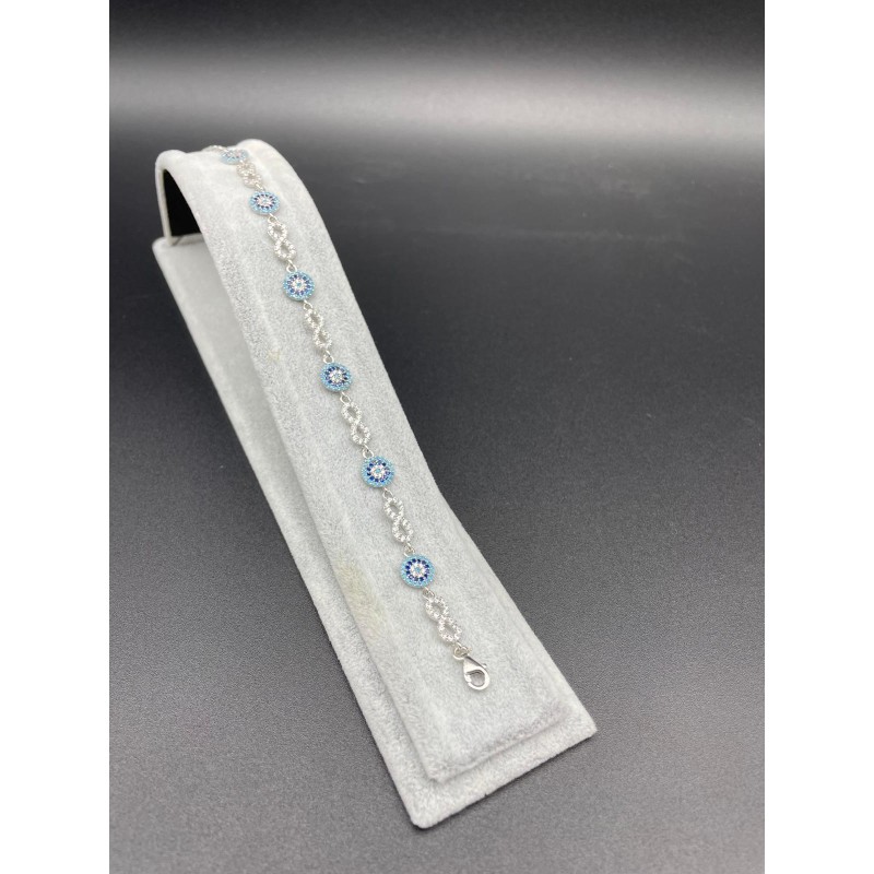 SONSUZLUK - NAZAR BONCUKLU TAŞLI GÜMÜŞ BİLEKLİK - AÇIK MAVİ