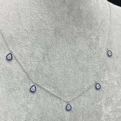 DAMLA SIRALI GÜMÜŞ KOLYE - KOYU  MAVİ