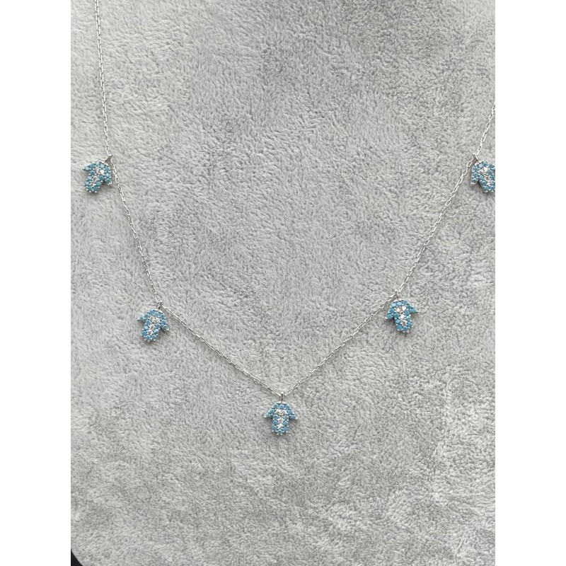 FATMA ANA ELİ - SIRALI GÜMÜŞ KOLYE - AÇIK MAVİ