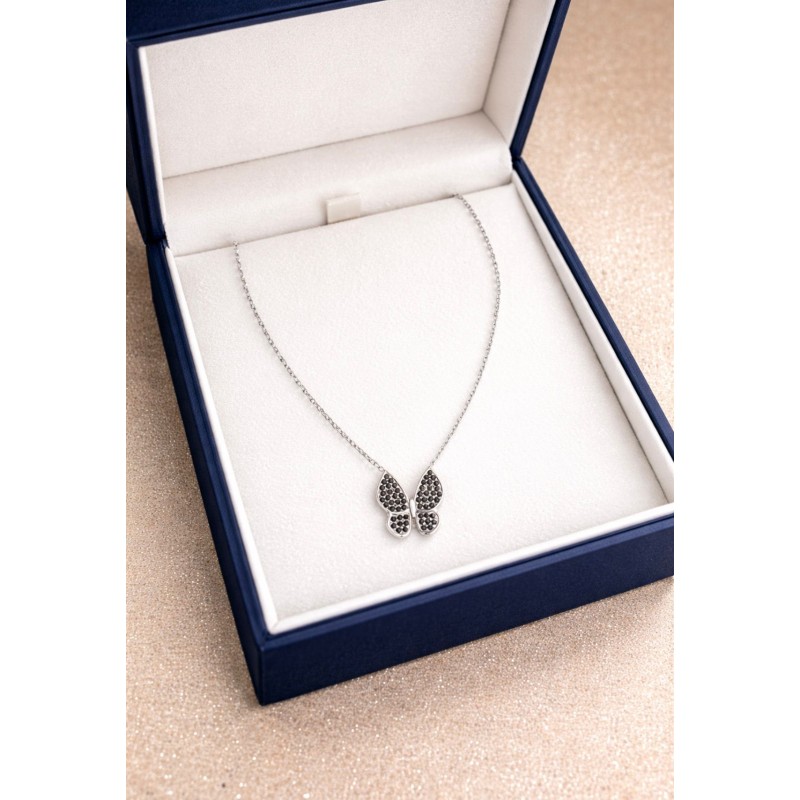 KELEBEK GÜMÜŞ KOLYE - SİYAH TAŞ