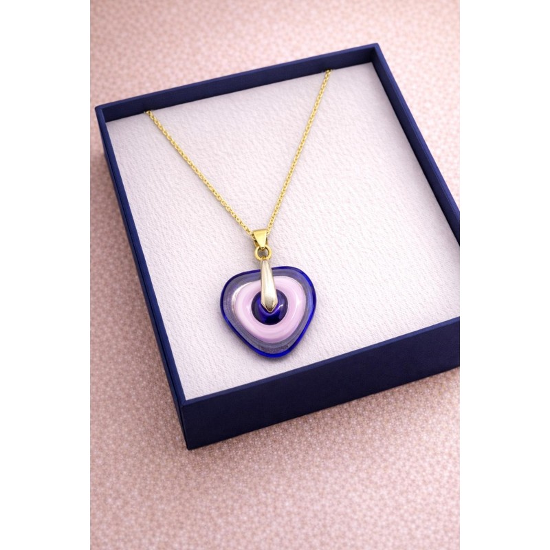 MURANO TEK UÇLU KOLYE - LACİVERT DETAY - PEMBE - GOLD