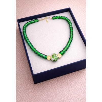 MURANO CAM BONCUK KOLYE YEŞİL - GOLD 